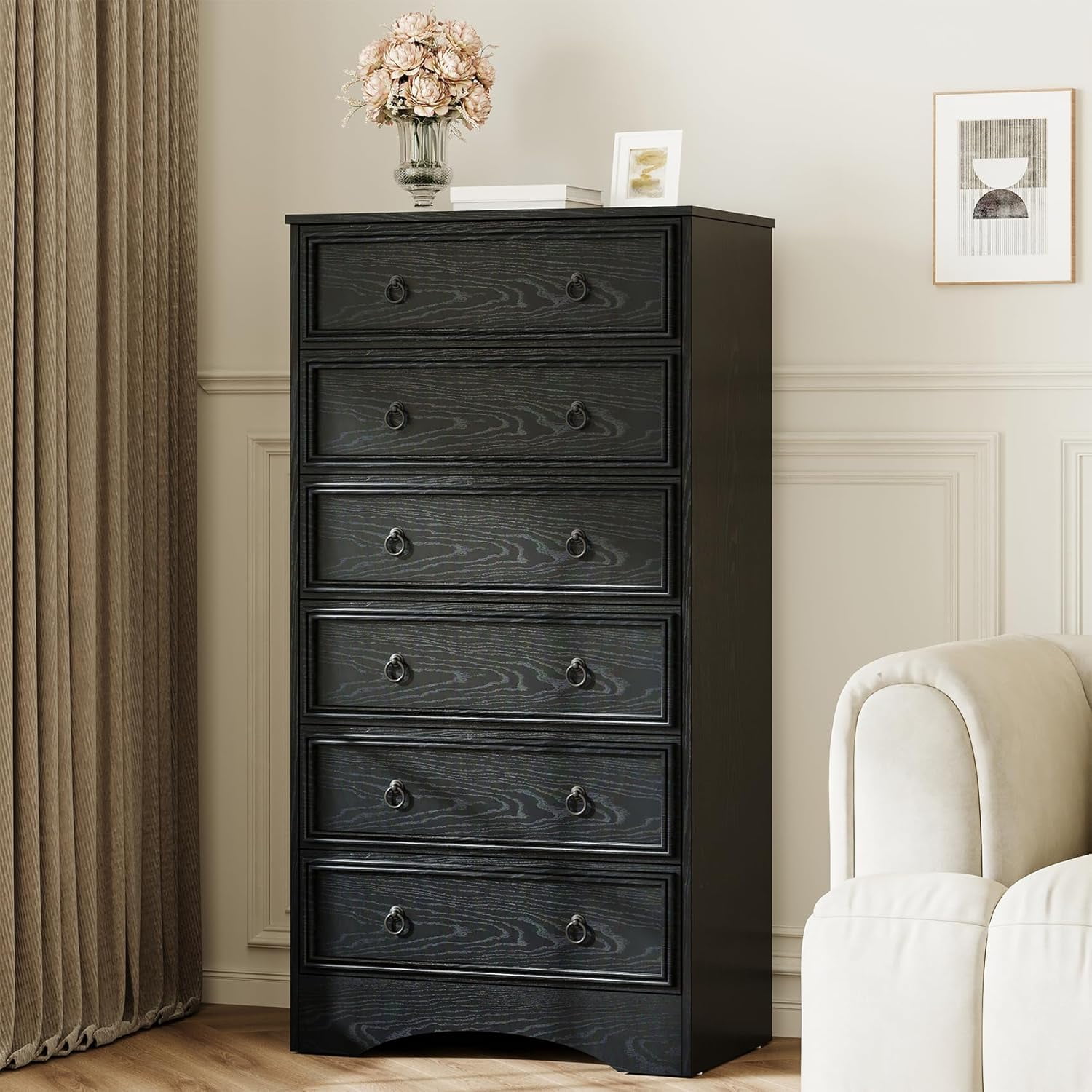 VVFLU Farmhouse 6 Drawers Dresser for Bedroom, Black 52" Tall Dressers Chest of Drawer, Wooden Vertical Dresser for Bedroom Hallway