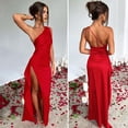 thumbnail image 4 of Quixlent Lady Evening Dress One Shoulder Sleeveless Split Hem Solid Color Slim Waist Pleated Solid Color Prom Cocktail Party Maxi Dress Ball Gown, 4 of 8