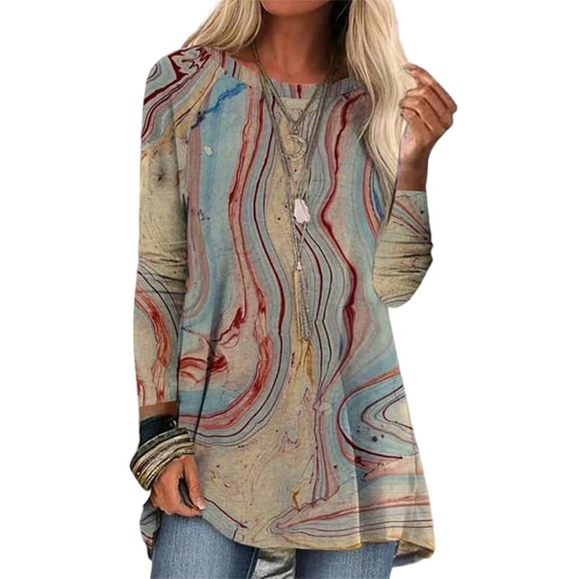 Camiseta con estampado abstracto para mujer, camiseta de manga larga, blusa tipo túnica informal para mujer, camiseta para uso diario