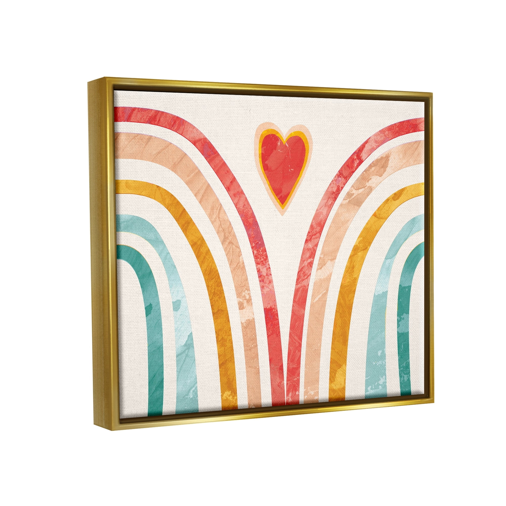 Stupell Industries Kids Paper Collage Rainbow Heart Design Metallic Gold Framed Floating Canvas Wall Art, 24x30, by Daphne Polselli