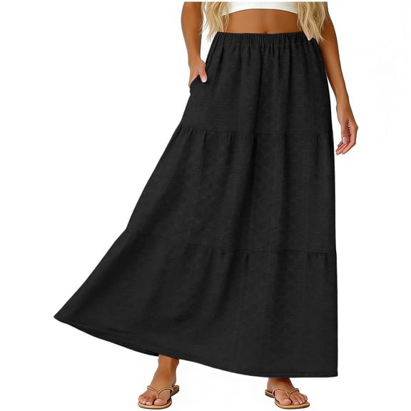 Womens Midi Skirt Fashion Solid Color Casual Breathable Knee Length Lightweight Everyday Black L