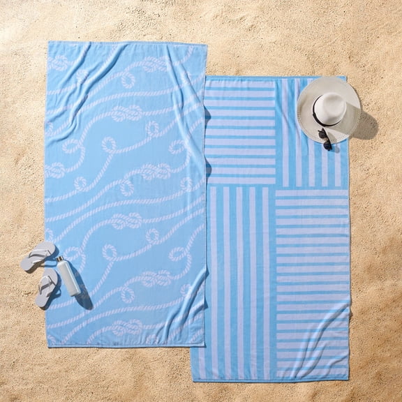 Better Homes & Gardens 2 Pack Cotton Blend Beach Towels, 72 x 38 in, Light Blue Rope
