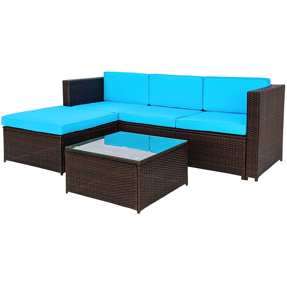 Private Jungle Outdoor Wicker Sofa Cushioned Sectional Furniture Set Garden Patio Sofa Set (Blue-5 Pieces) Private Jungle Outdoor Wicker Sofa Cushioned Sectional Furniture Set Garden Patio Sofa Set (Blue-5 Pieces)