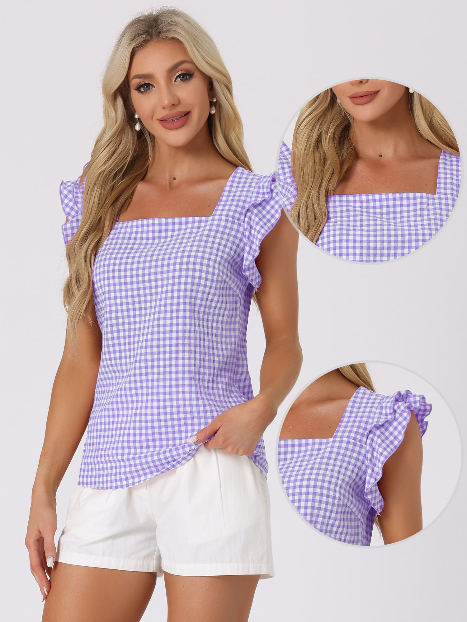 DARING DIVA Square Neck Ruffle Sleeve Blouse L Purple