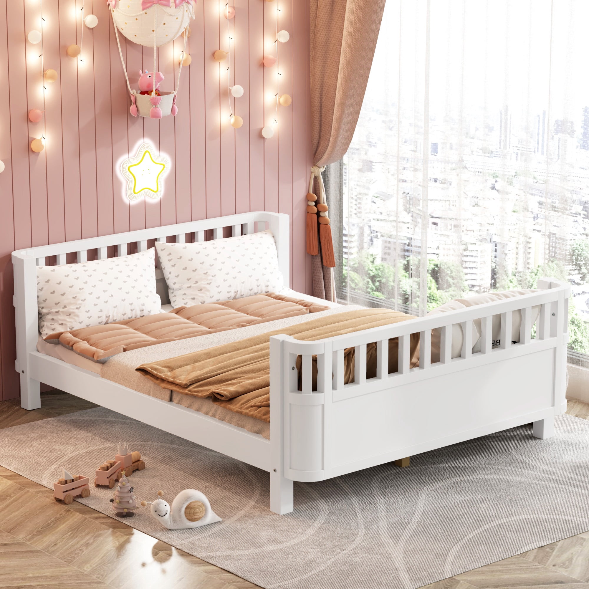 Sesslife Toddler Bed, Wood Full Platform Bed Frame, Full Size Bed Frame with Salts and Safety Fence for Boys Girls, Low Profile Bed Full with Removable Guardrail, No Box Spring Needed, White