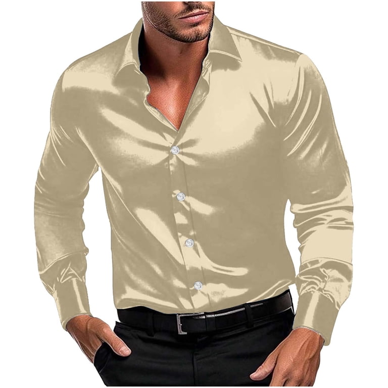 mens dress shirts beige Men's Luxury Shiny Silk Like Satin Dress Shirt Long Sleeve Casual Slim Fit  Muscle Button Up Shirts Beige XL