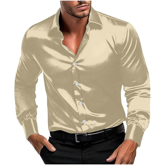 Men's Silk Satin Dress Shirts Long Sleeve Button Up Shirts Party Prom Wedding Shirt Retro Casual Regular Fit Blouse