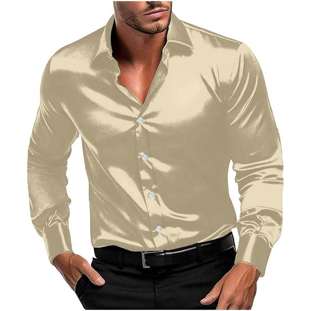 Mens Silk Satin Dress Shirts Shiny Long Sleeve Button Down Shirt for Party Prom Wedding