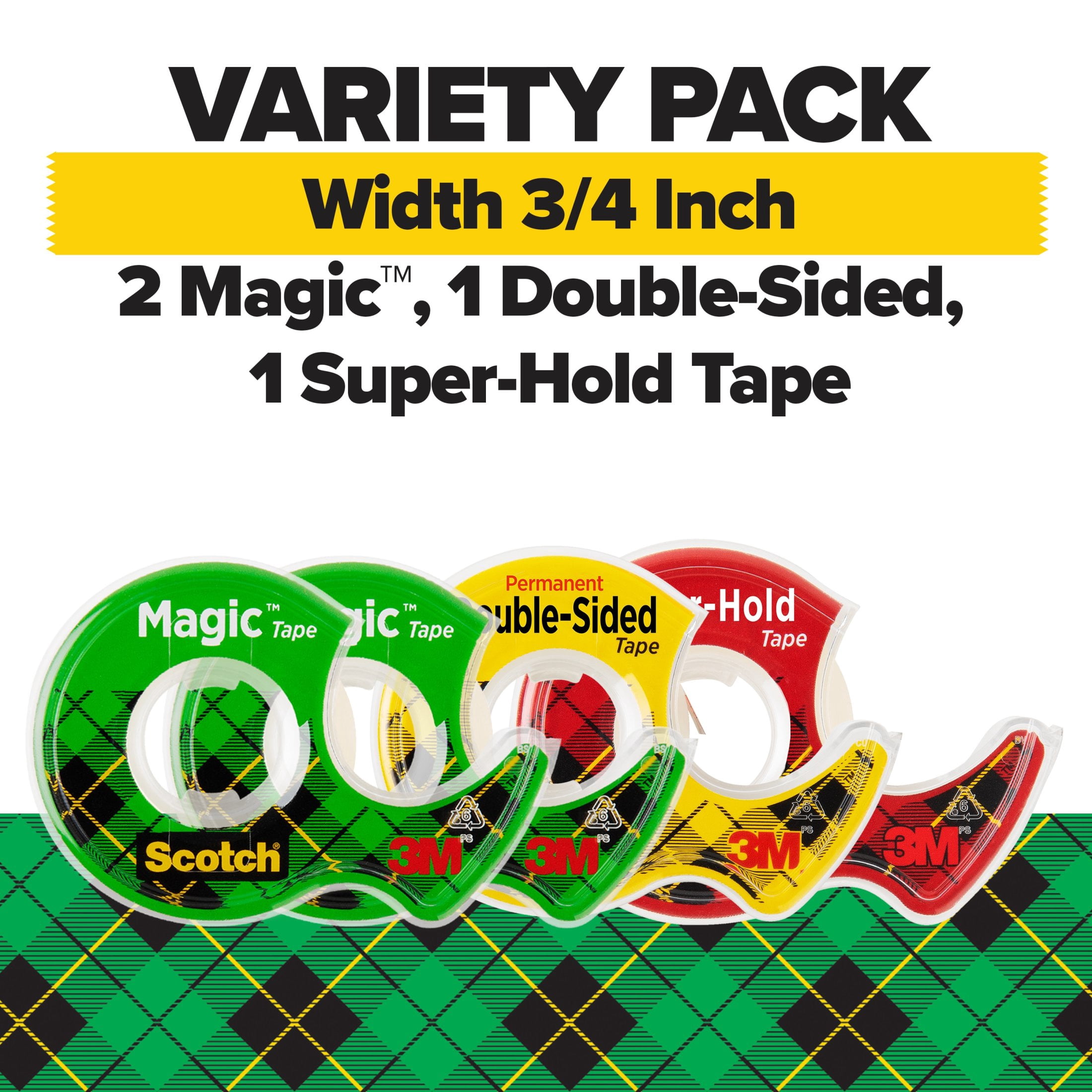 Scotch Tape Variety Pack, Magic, Double-Sided, Super-Hold, 3/4 in, 4 Rolls with Dispensers