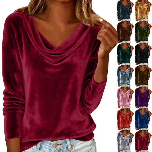 QATAINLAV Blouses for Women Business Casual Outfits Solid Color Elegant Velvet Long Sleeve Tops Cowl Neck Plus Size Shirts, Black, XXL