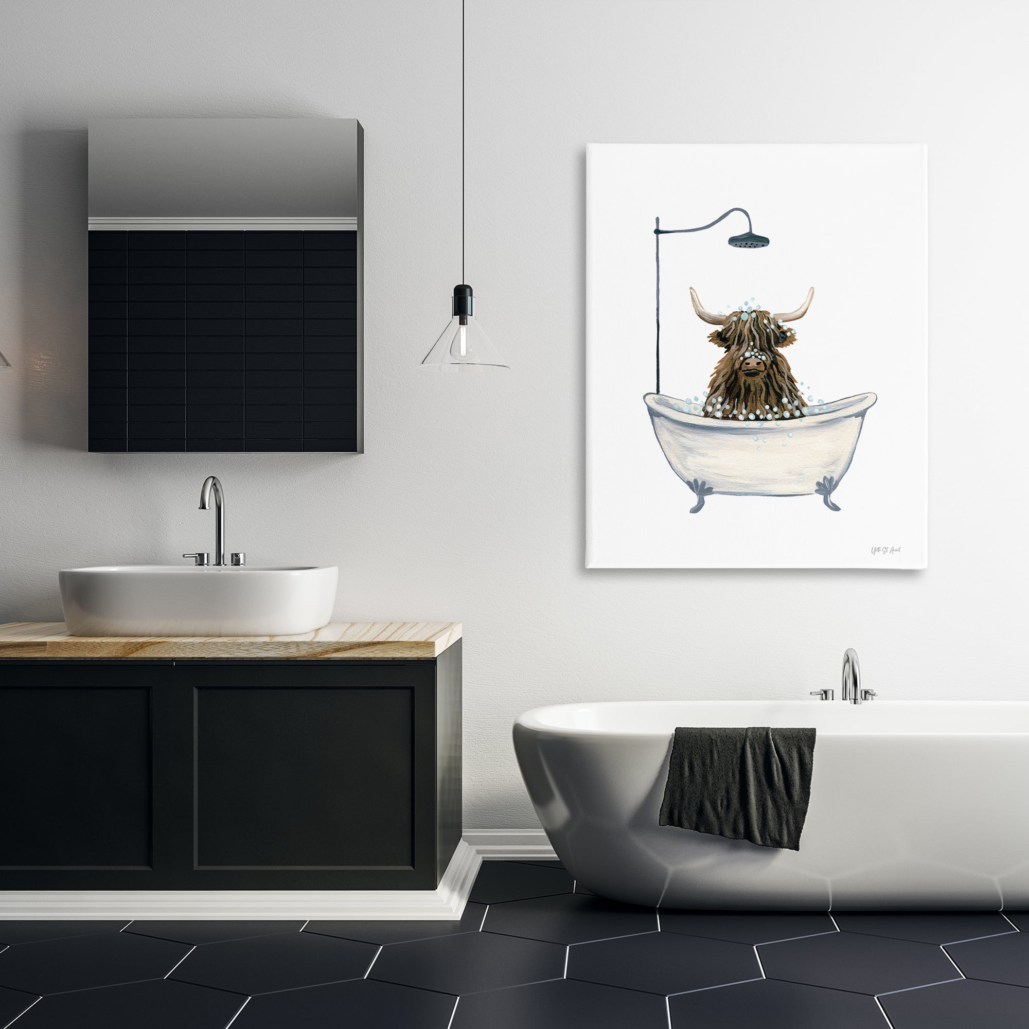 Stupell Industries Highland Cow Bathtub Typography Painting Gallery Wrapped Canvas Art Print Wall Art, 36 x 48