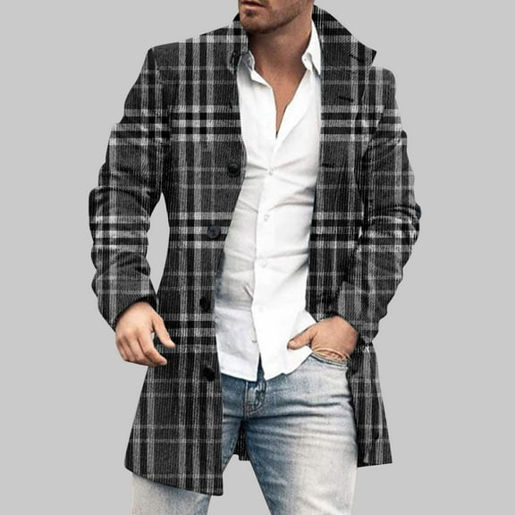 Herrnalise Mens Faux Fur Coat Winter Fashion Printed Slim Long Sleeve Single-breasted Woolen Trench Coat Tops Long Trench Coat Motorcycle Jakcet