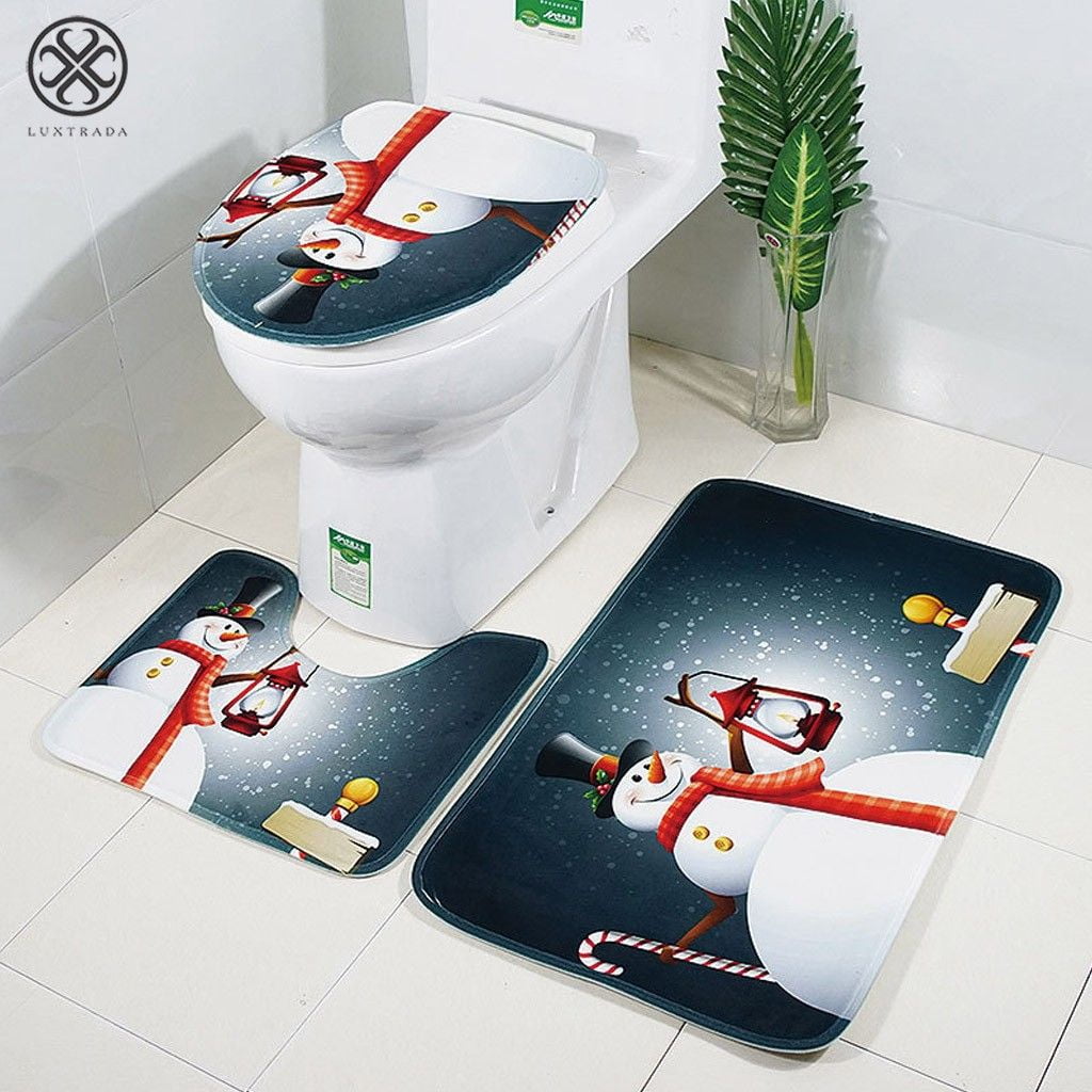 Christmas Bath Mat Set Non-Slip Carpet Pedestal Rug Toilet Seat Cover Dreamlike Santa Claus Snowman Prit Bathroom Mat Set 