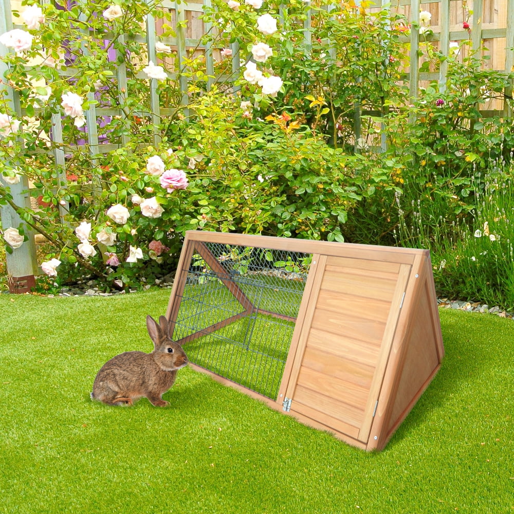 Yellow 46" Wooden A-Frame Outdoor Rabbit Hutch with Run & Ventilated Wire
