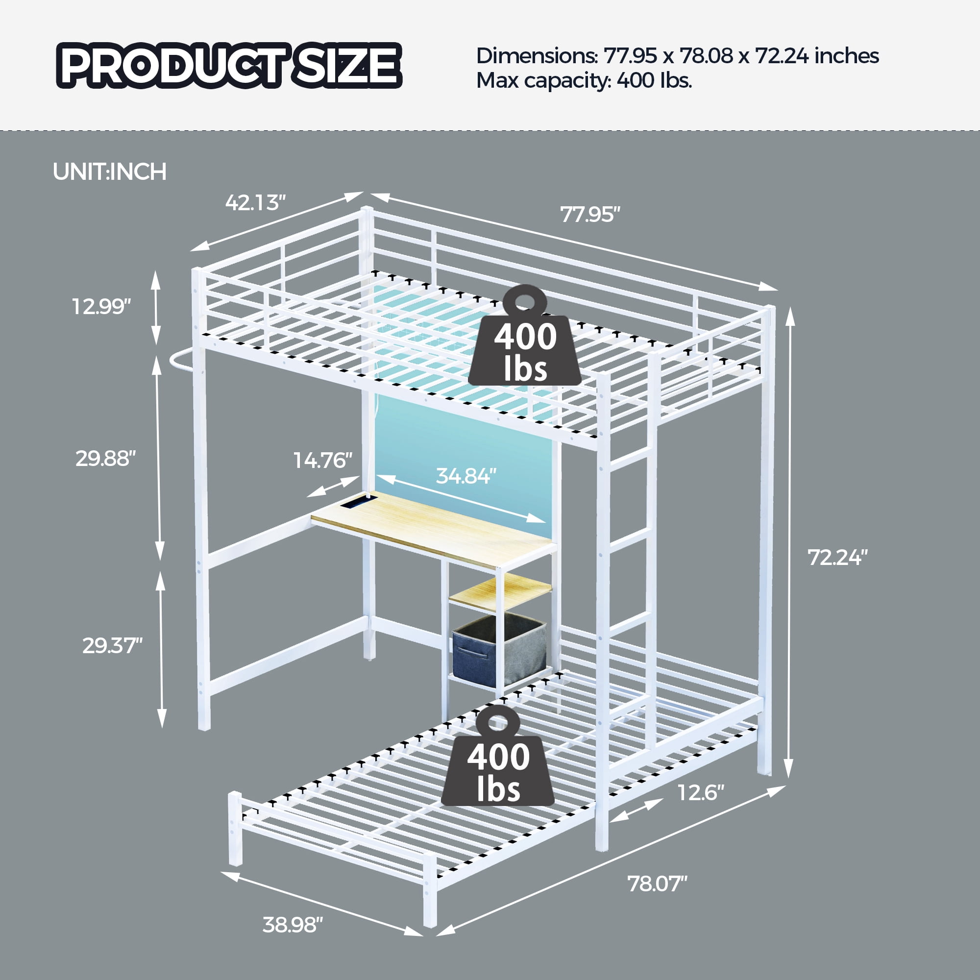Aukfa Twin over Twin Bunk Bed with Desk, LED Light & Storage Shelves, L-Shaped Metal Bunk Bed for Teens & Kids, White