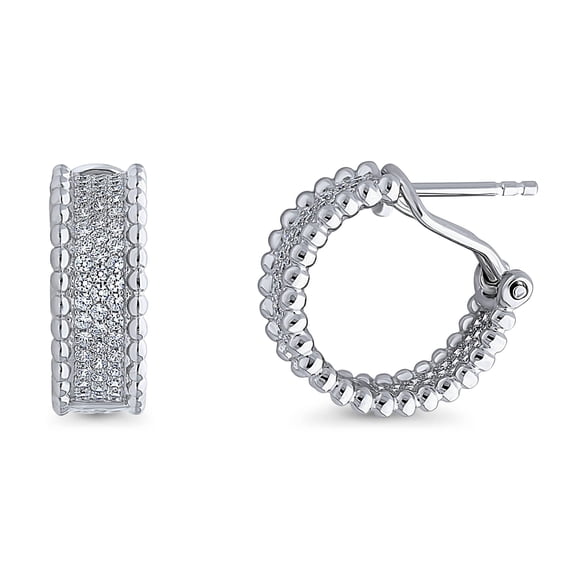 BERRICLE Sterling Silver Bead Cubic Zirconia CZ Medium Fashion Omega Back Hoop Earrings for Women, Rhodium Plated 0.67 inch