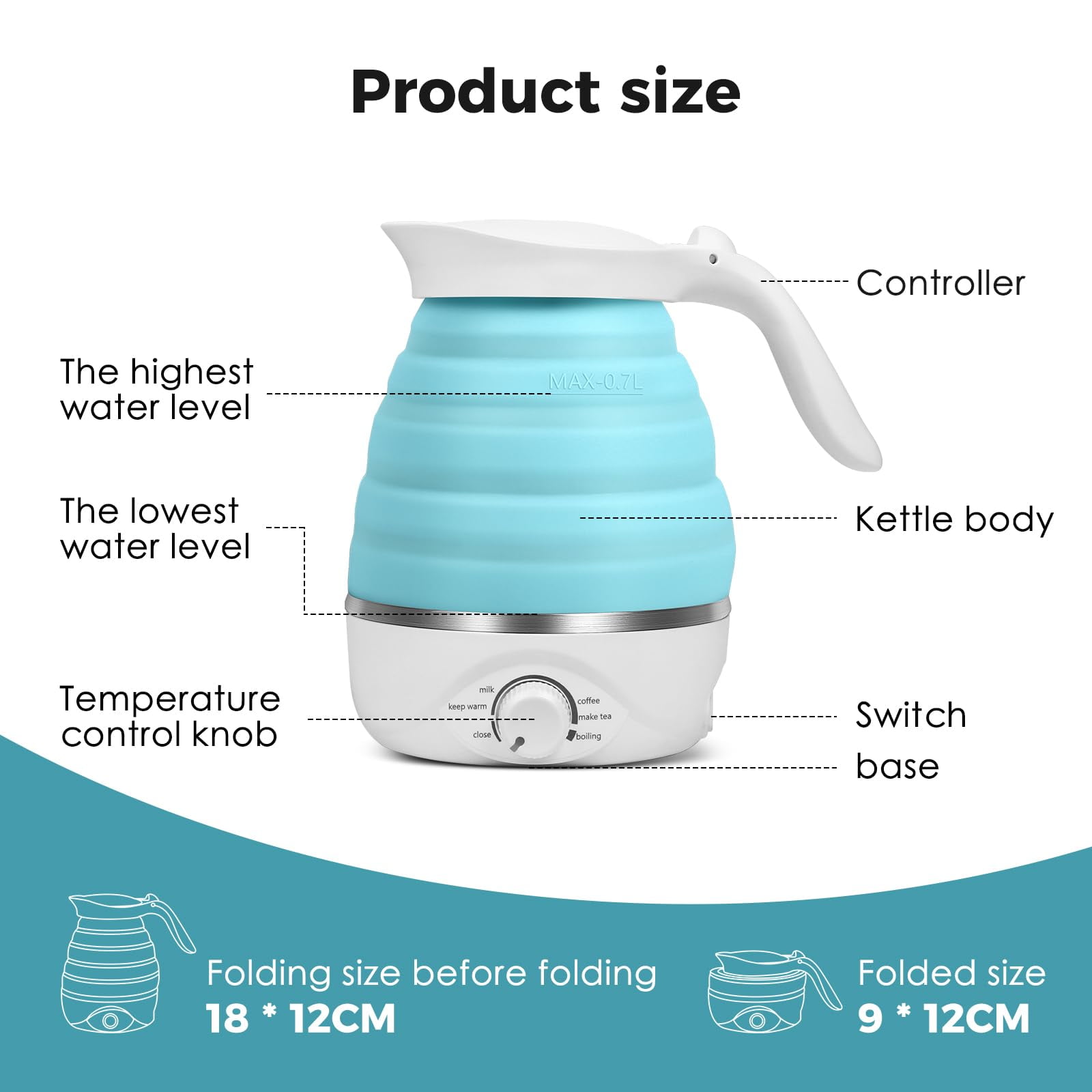Travel Foldable Electric Kettle Portable Silicone Foldable Electric Kettles Collapsible Heating Water Boiler Silicone Kettle For Coffee Tea Fast Water Boiling Blue