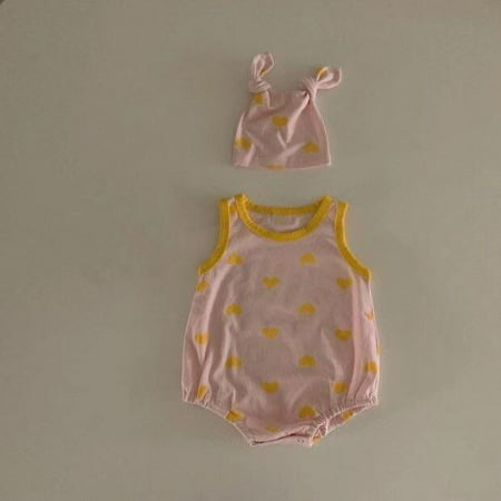 

DanceeMangoo Summer New Baby Heart Print Sleeveless Bodysuit + Hat Cute Infant Cotton Cartoon Jumpsuit Casual Toddler Clothes 0-24M