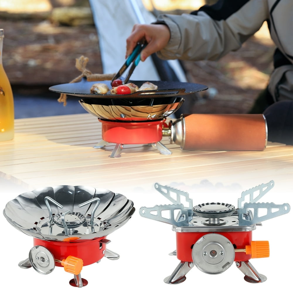 Camping Gas Stove Mini Portable Camping Stoves Stainless Steel Foldable Backpacking Stove Fast Heating BBQ Grill Stove Barbecue Accessories for BBQ