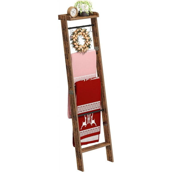 Blanket Ladder Shelf for Living Room, Decorative Quilt Rack with Storage Shelf, 6-Tier Farmhouse Ladder Holder Organizer with 4 Removable Hooks for Bedroom, Rustic Brown and Black