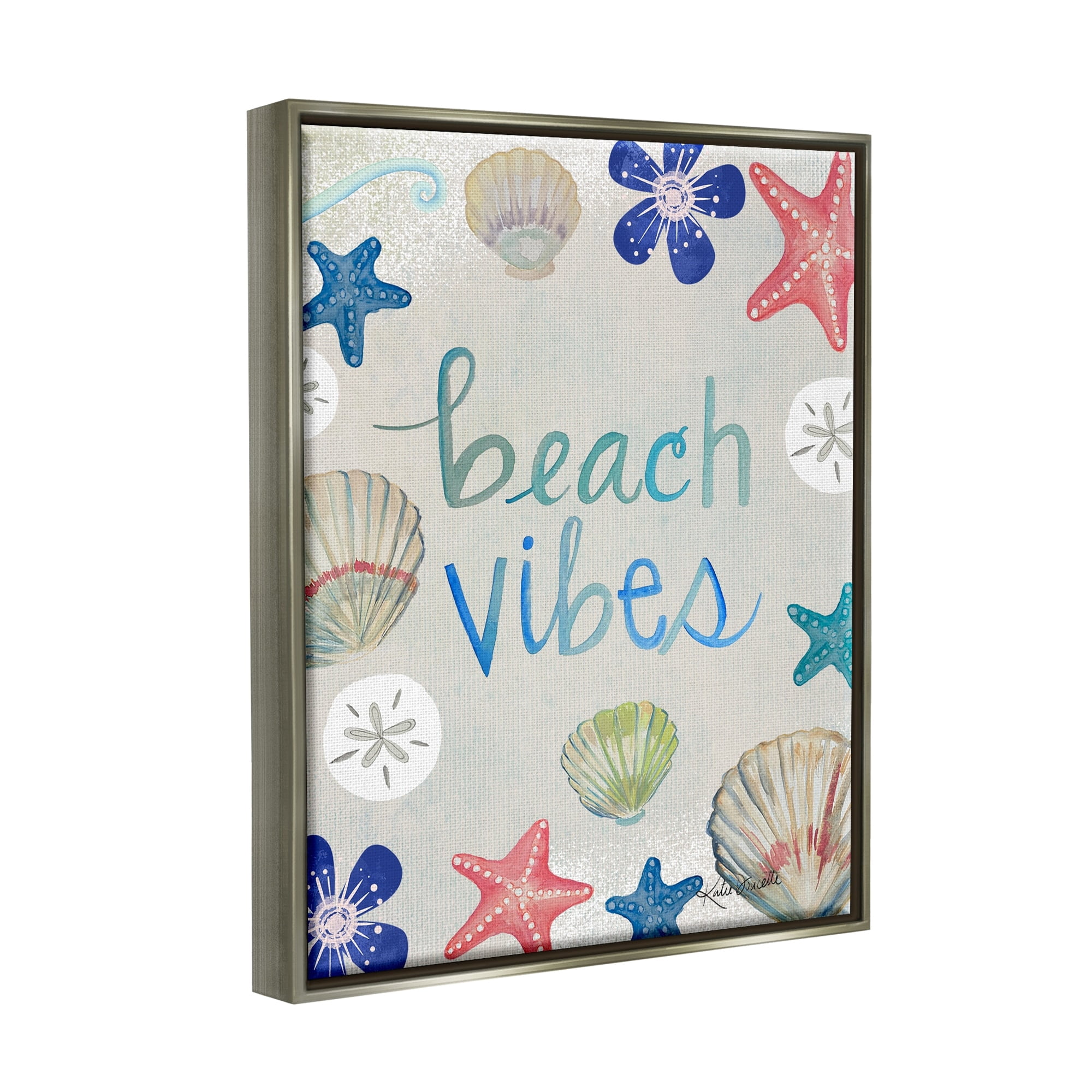 Stupell Industries Beach Vibes Calligraphy Nautical Seashell Flowers Graphic Art Luster Gray Floating Framed Canvas Print Wall Art, Design by Katie Doucette
