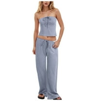 vigerkar Womens Y2k 2 Piece Outfit Strapless Crop Tube Top and Wide Leg Pant Matching Sets Loungewear Holiday Beach Outfit 2025 Blue, L
