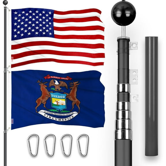 G128 Combo Pack: 25 Ft Telescoping Aluminum Flagpole (Black) & American and Michigan Flags 3x5 Ft, Both ToughWeave Series Embroidered Polyester | Pole with Flags Included