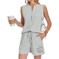 thumbnail image 5 of Stichou Women's Two Piece Sets Linen 2026 Summer Sleeveless V Neck Pleated Shorts Set Matching Sets Women Clothing Light Gray L, 5 of 6