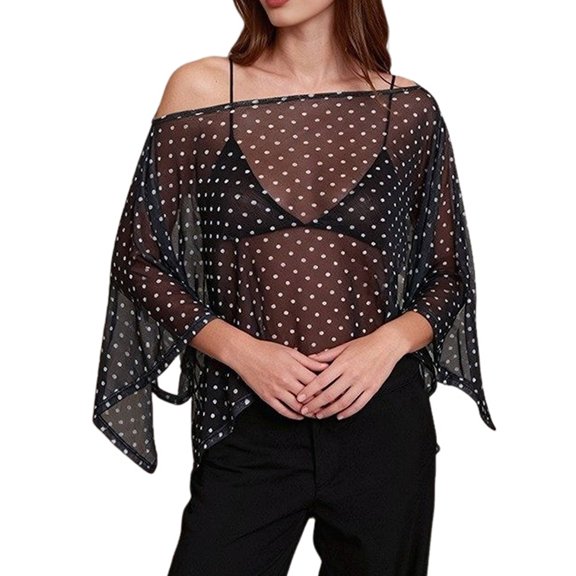 Women's Polka Dot Sheer Mesh Asymmetrical Off Shoulder Top Black S