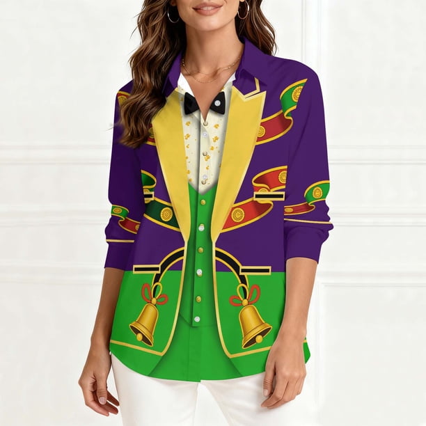 TaTaai Ladies Fashion Mardi Gras Print Long Sleeve Loose Casual Shirt Unisex Lapel Button Down Blouse Holiday Top for Daily Office Party Streetwear Spring Summer Wear Gift