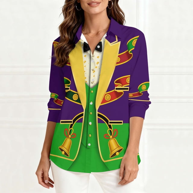 TaTaai Ladies Fashion Mardi Gras Print Long Sleeve Loose Casual Shirt Unisex Lapel Button Down Blouse Holiday Top for Daily Office Party Streetwear Spring Summer Wear Gift