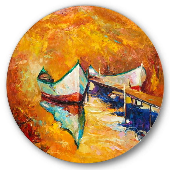 Designart 'Little Boat During Warm and Orange Evening' Nautical & Coastal Circle Metal Wall Art 36x36 - Disc of 36