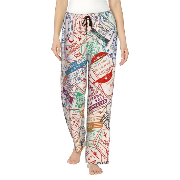 Fotbe Passport Stamp Pantalones de Pijama para Mujer, Pantalones de Dormir, Pantalones Pj con Cordón y Bolsillos-X-Large
