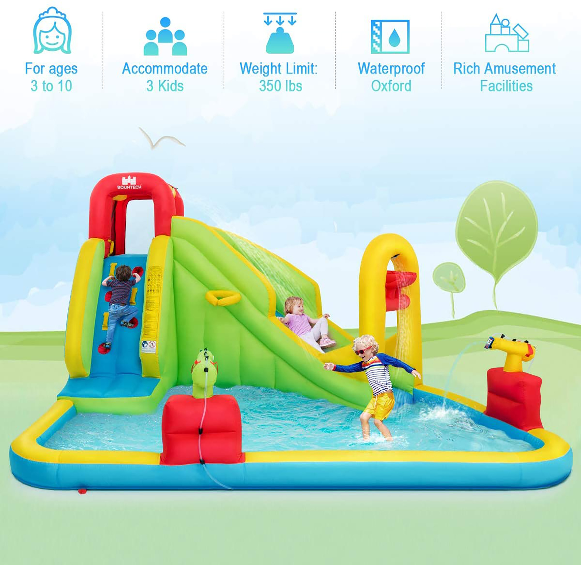 Costway Inflatable Water Slide Kids Splash Pool Bounce House with 480w Blower - image 4 of 8