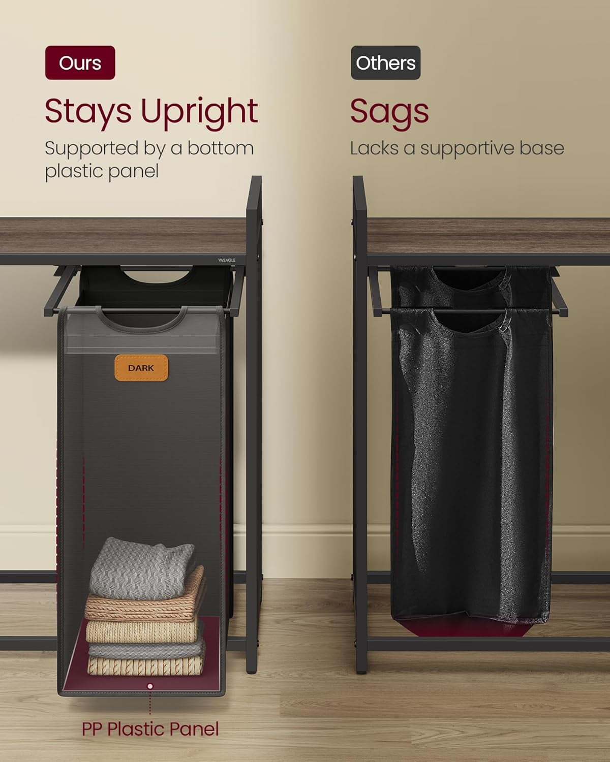 Laundry Hamper with 2 Compartments, 26.4 Gal. (100 L) Laundry Sorter, Rolling Laundry Cart 6 Labels, Chestnut Brown, Ink Black and Dove Gray