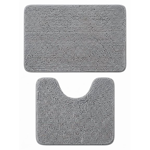 Bathroom Rugs Sets, 2 Piece Soft Absorbent Chenille Bath Mats U-Shaped Contour Toilet Mat, Machine Washable, Bath Carpet Home Decor Accessories, 30"x20" 24"x20", Grey