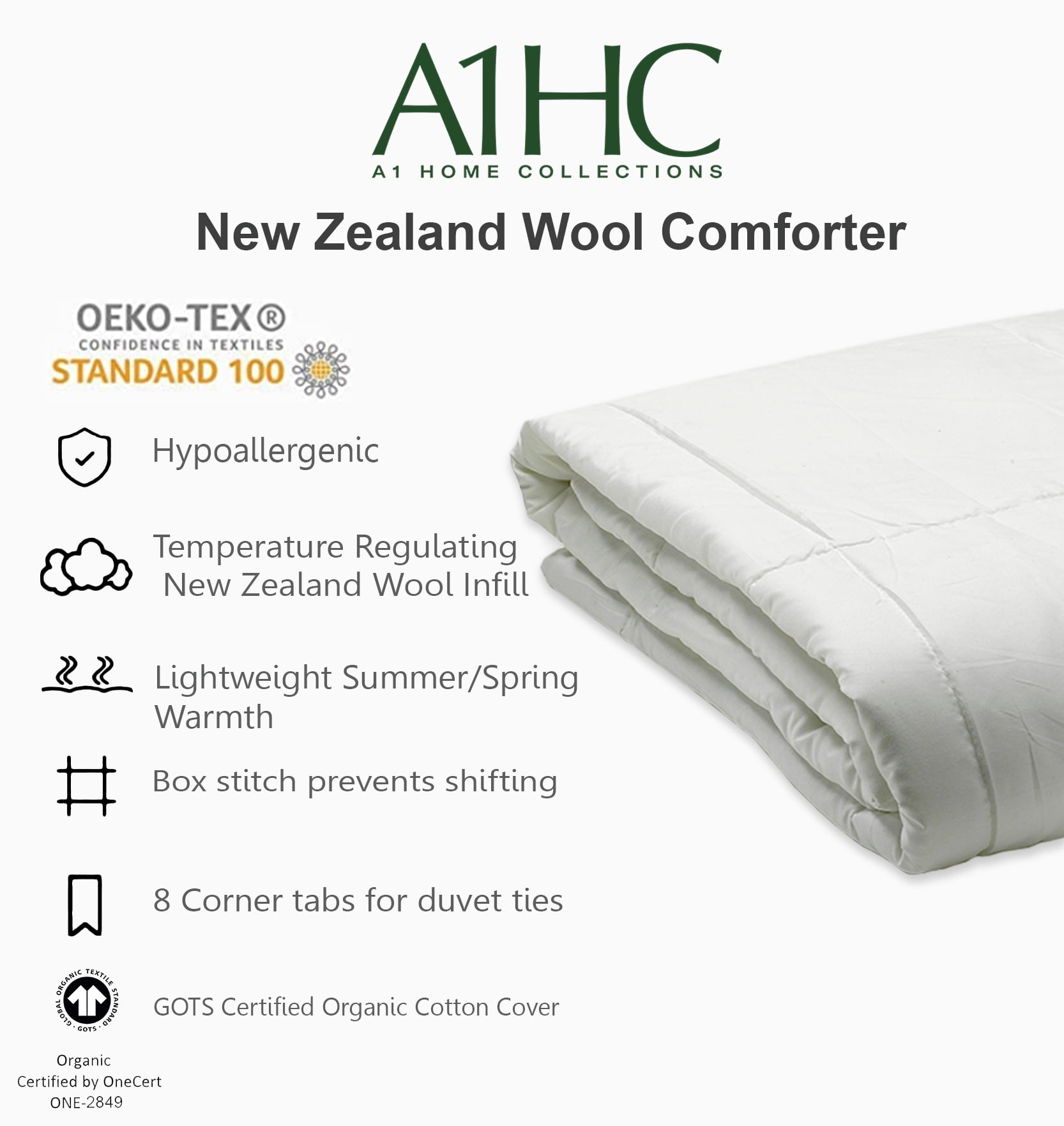 A1 HOME COLLECTIONS A1HC 100 New Zealand Wool Organic Duvet Insert Stand Alone Comforter Twin 68 X 86 200 GSM