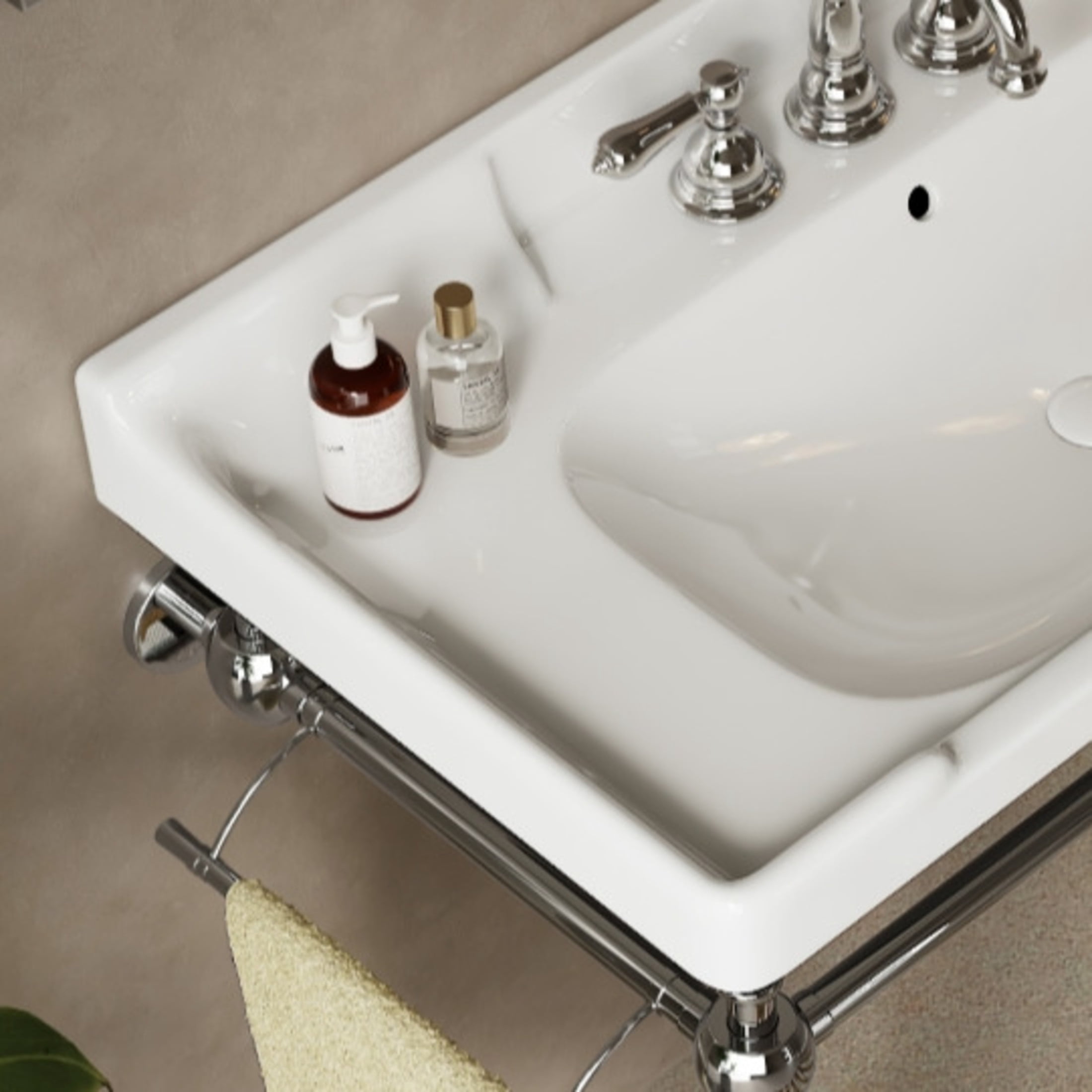 Noble House Vici 36" Bathroom Ceramic Basin Sink, 3 Faucet Holes with Wide Countertop Deck Toiletries Storage, White