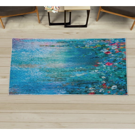 Flower Decorative Rug, Abstract Herbs Alternative Medicine Blossoms Ivy Back Florets Shrubs Design, Quality Carpet for Bedroom Dorm and Living Room, 6 Sizes, Sky Blue, by Ambesonne