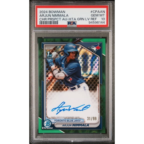 2024 Bowman Chrome Prospect Autographs Chr Prspct Au-Hta Grn Lava Arjun Nimmala #CPAAN /99 PSA 10