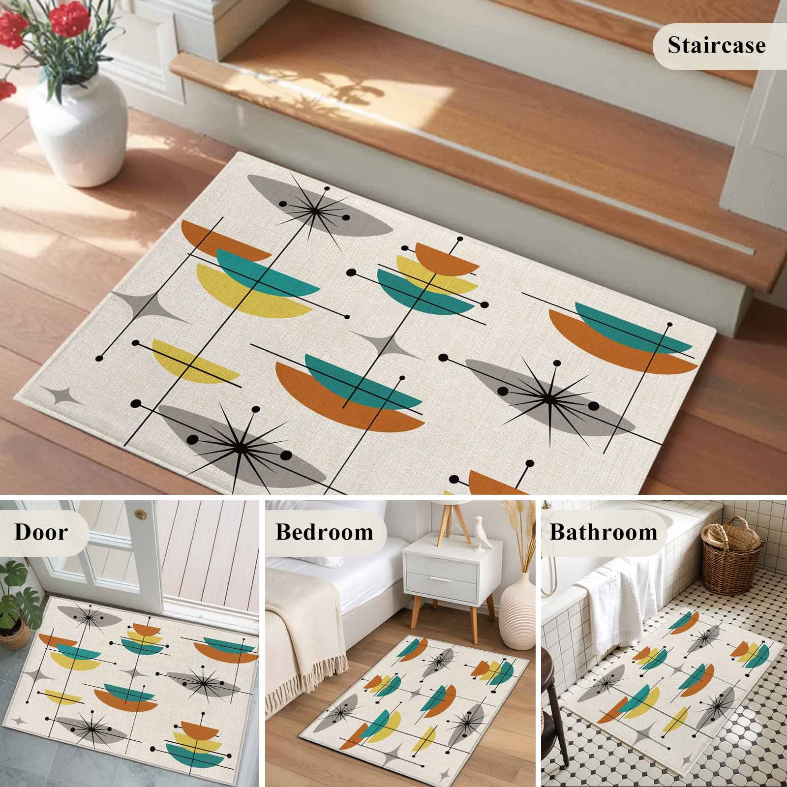 Boho Modern Area Rugs 2x3 for Living Room, Middle Century Teal Yellow Orange Geometric Non Slip Washable Rug Runner, Low Pile Indoor Floor Carpet Mat Bathroom Rugs for Bedroom, Kids Room