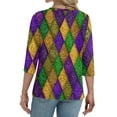 thumbnail image 4 of Mardi Gras Shirts Womens Feathers Print Carnival 3/4 Sleeve Tunic Tops Mask Print V Neck Purple T Shirts Green 3XL, 4 of 5