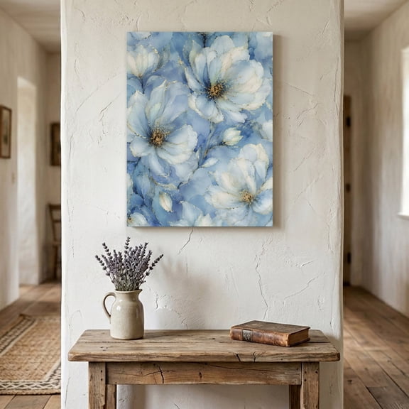 Blue Peony Canvas Wall Art for Living Room Bedroom Bathroom, Rustic Floral Watercolor Flower Golden Line Botanical Canvas Art Wall Decor, Artwork for Walls Home Office Decor, 18"x24"