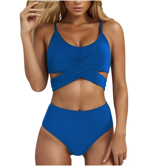 Hyknon Bikini Sets for Women Summer Fashion Solid Color Split Sports Bathing Suit High Waist Tummy Control Slim Fitting Two Piece Bikini Set with Bottom