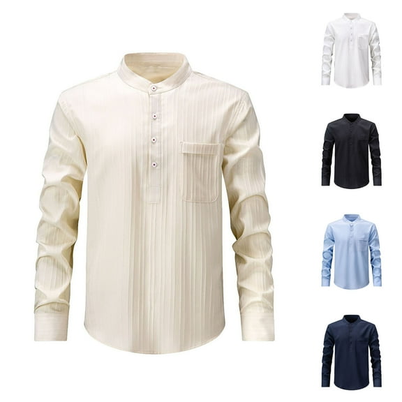 FRSASU Mens Striped Stand up Collar Long Sleeve Shirt: Fashion Half Button Down Casual Shirts for Men with Pocket White