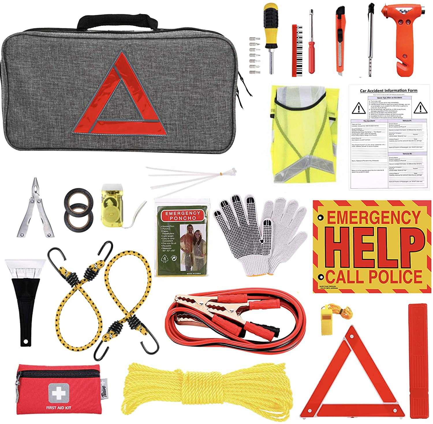 Thrive Car Emergency Tool Kit with Jumper Cables + First Aid Kit