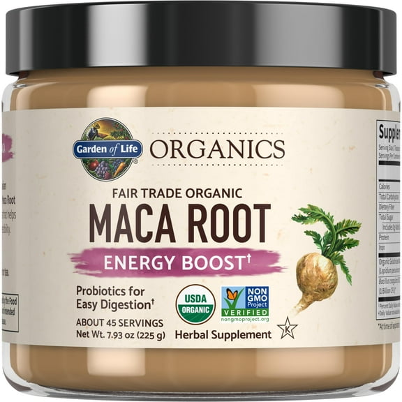 Garden of Life Organics Fair Trade Gelatinized Peruvian Maca Root Energy Boost 7.93 oz (225g) Powder with Probiotics, Certified Organic, Non-GMO, Vegan & Gluten Free Herbal Supplements