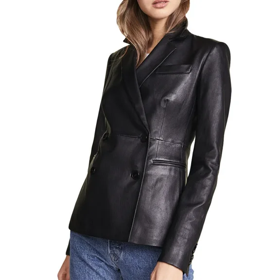 Party Classic Black Button Real Genuine Lambskin Leather Stylish Women Blazer