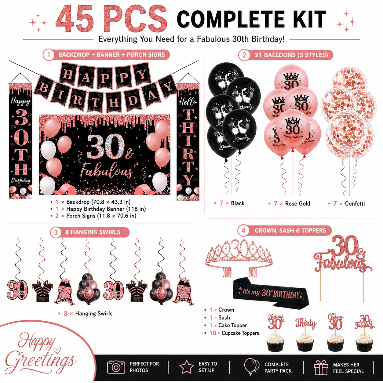 Happy Greetings 30th Birthday Party Kit, Rose Gold & Black, 45-Piece photo 2