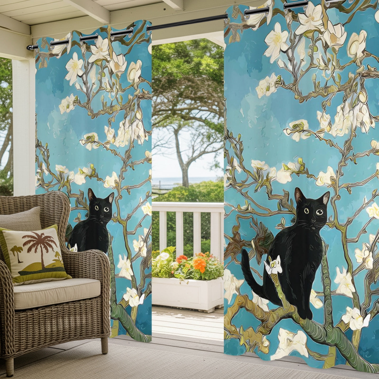 Funny Black Cat Outdoor Curtains for Patio, Blossom White Floral Branches Vintage Sunshade Privacy Drapes Grommet Waterproof Outside Curtains for Porch/Cabana/Balcony 54"x 95", 2 Panel